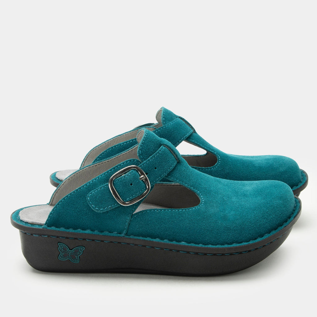 Classic Unteal Now open back clog on a classic rocker outsole |Clog with a Teal nubuck leather upper.