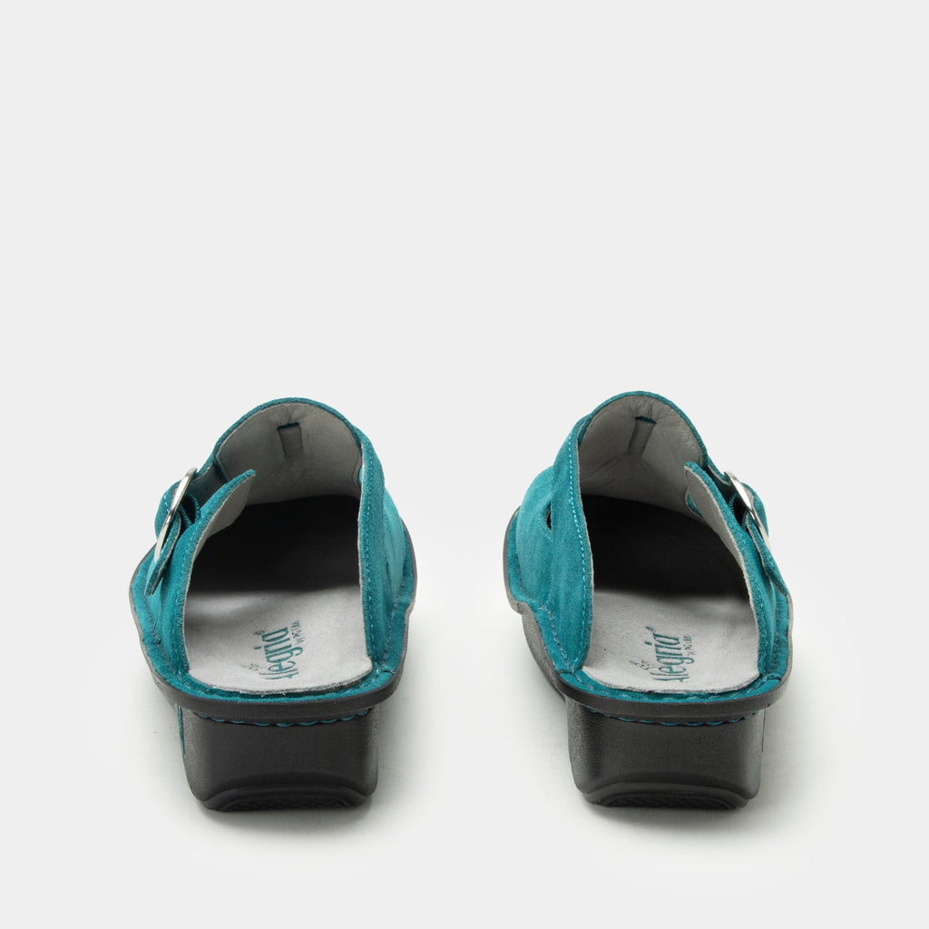 Classic Unteal Now open back clog on a classic rocker outsole |Clog with a Teal nubuck leather upper.