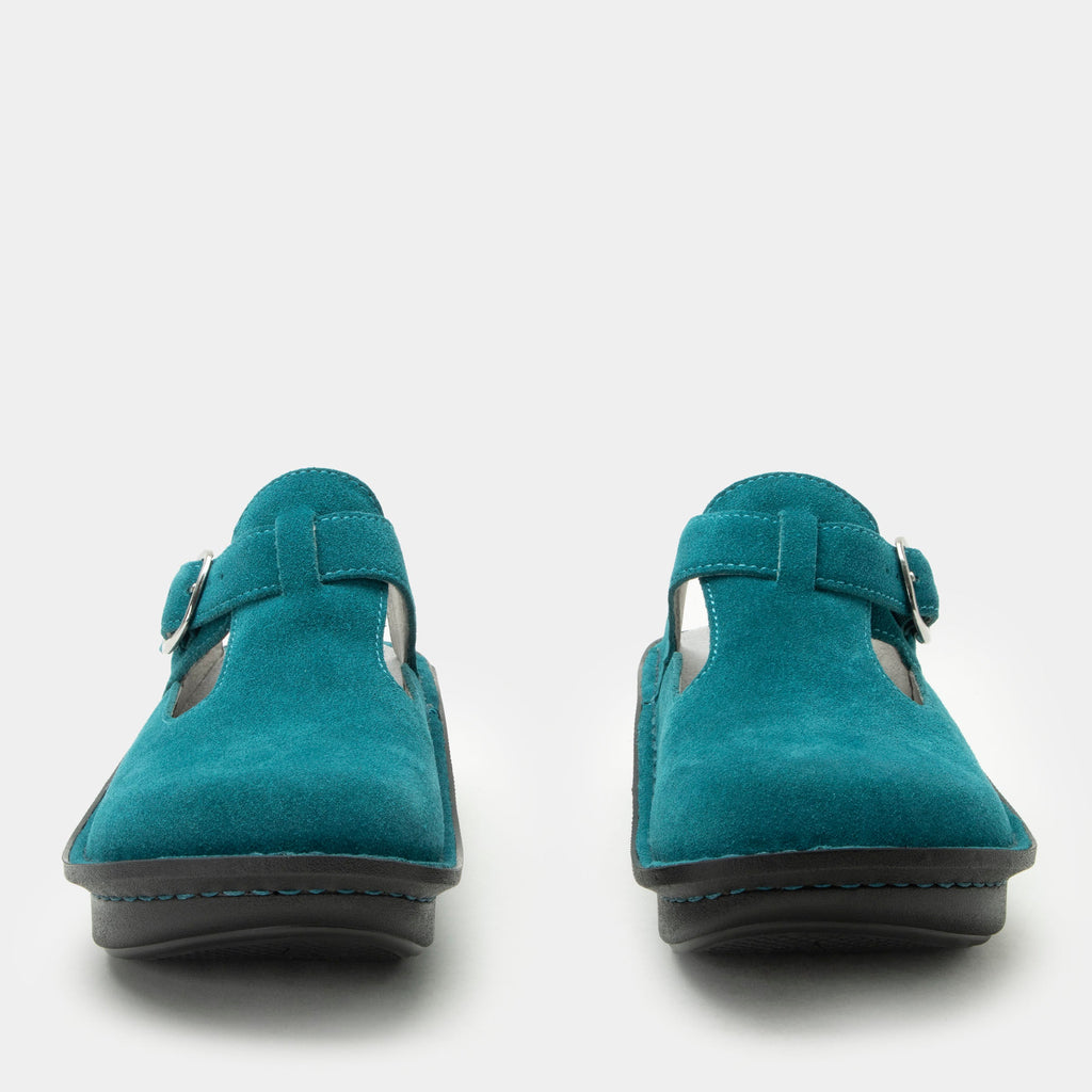 Classic Unteal Now open back clog on a classic rocker outsole |Clog with a Teal nubuck leather upper.