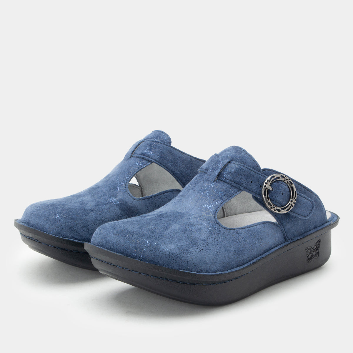 Shimmer Blue  suede slip-on clogs with a strap and decorative metal buckle, featuring a Classic outsole. ALG-6559