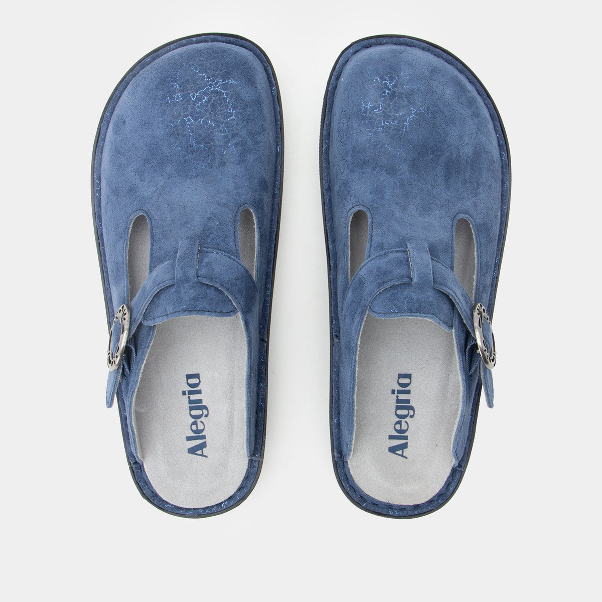 Shimmer Blue  suede slip-on clogs with silver buckle straps, shown from a top-down view. The brand name 'Alegria' is printed on the grey insole.  ALG-6559