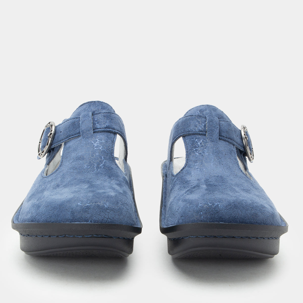 Shimmer Blue  suede slip-on clogs with silver buckle straps, shown from a front-facing perspective. ALG-6559