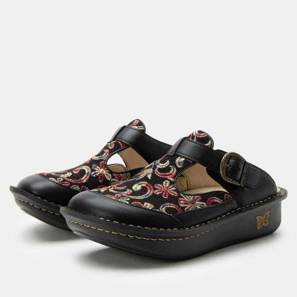 Classic Handicraft open back clog on a classic rocker outsole |Black clog with multi color stitched design on leather uppers.
