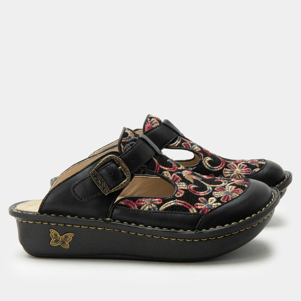 Classic Handicraft open back clog on a classic rocker outsole |Black clog with multi color stitched design on leather uppers.
