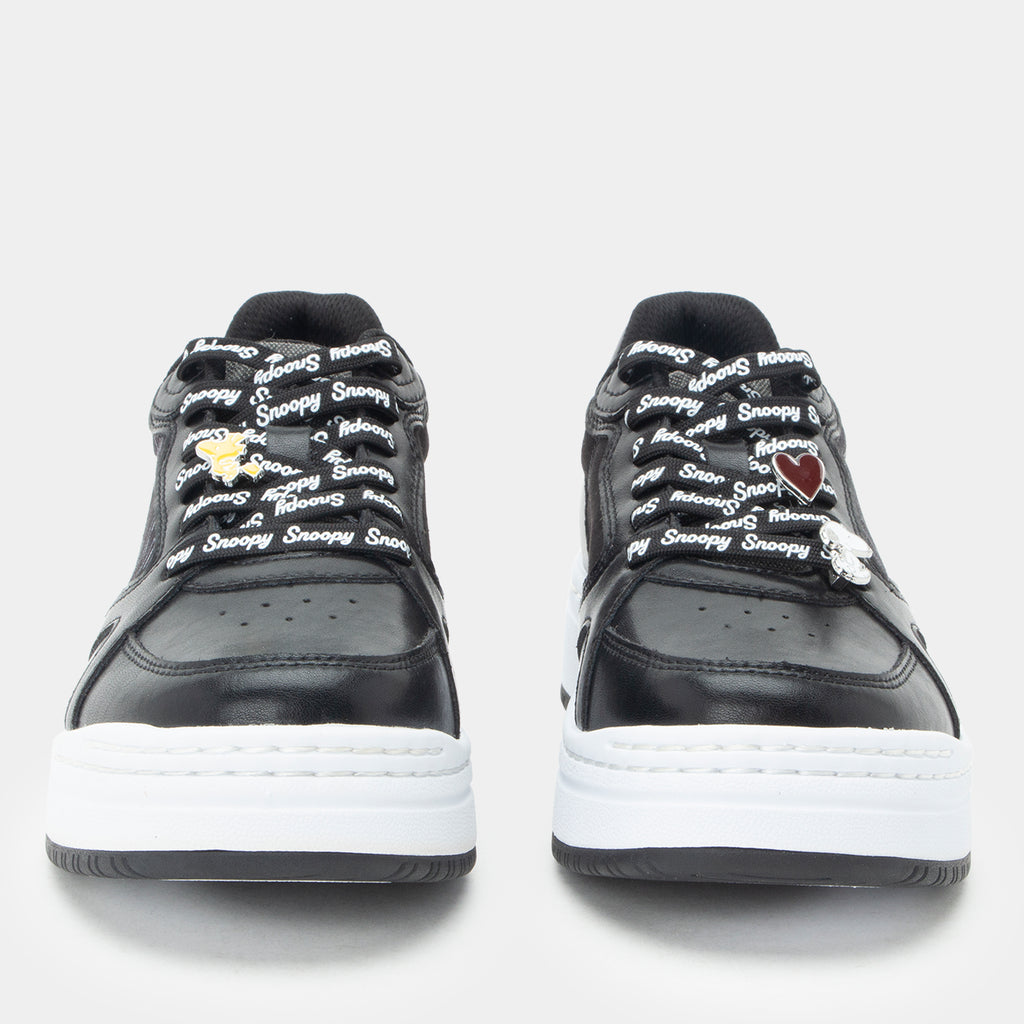 Alyster Happy to Help Front view of a black and white lace-up shoe featuring Peanuts®  characters- showing the laces and lace charms included with this limited edition style.