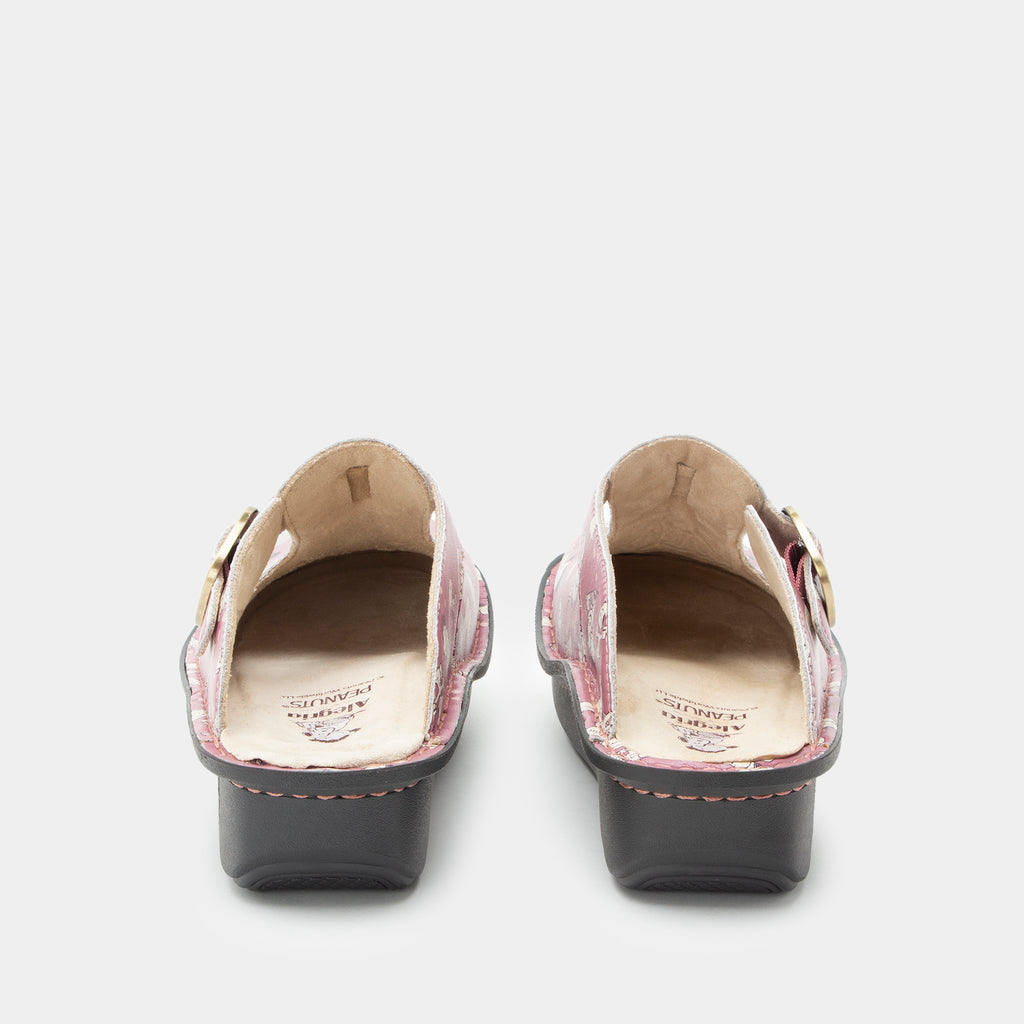 Classic Rose Snuggles Back view of a pink clog featuring Peanuts®  character doodle on a Classic rocker outsole- showing tan suede footbed and lining of open back clog.