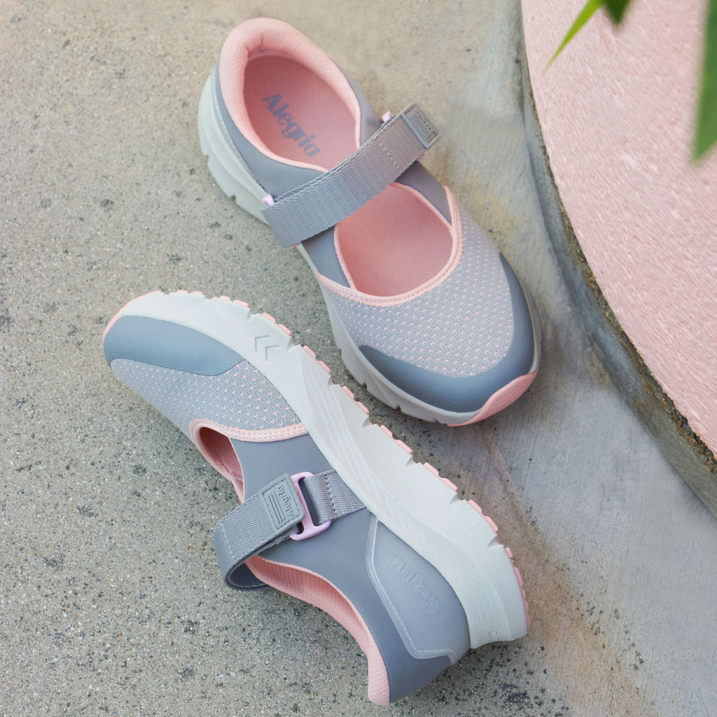 Atlis Frosting shoe on a lightweight EVA Rebounce outsole. | Grey mary jane style tennis shoe with adjustable strap.