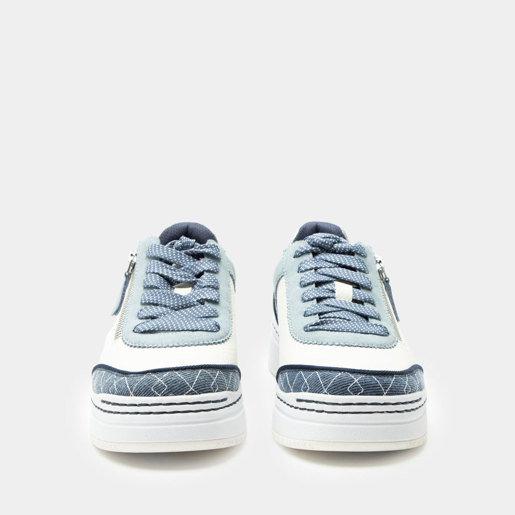 Averie Indigo shoe on a Sportform outsole| Fashion lace up shoe on a white and blue suede and vegan leather uppers.