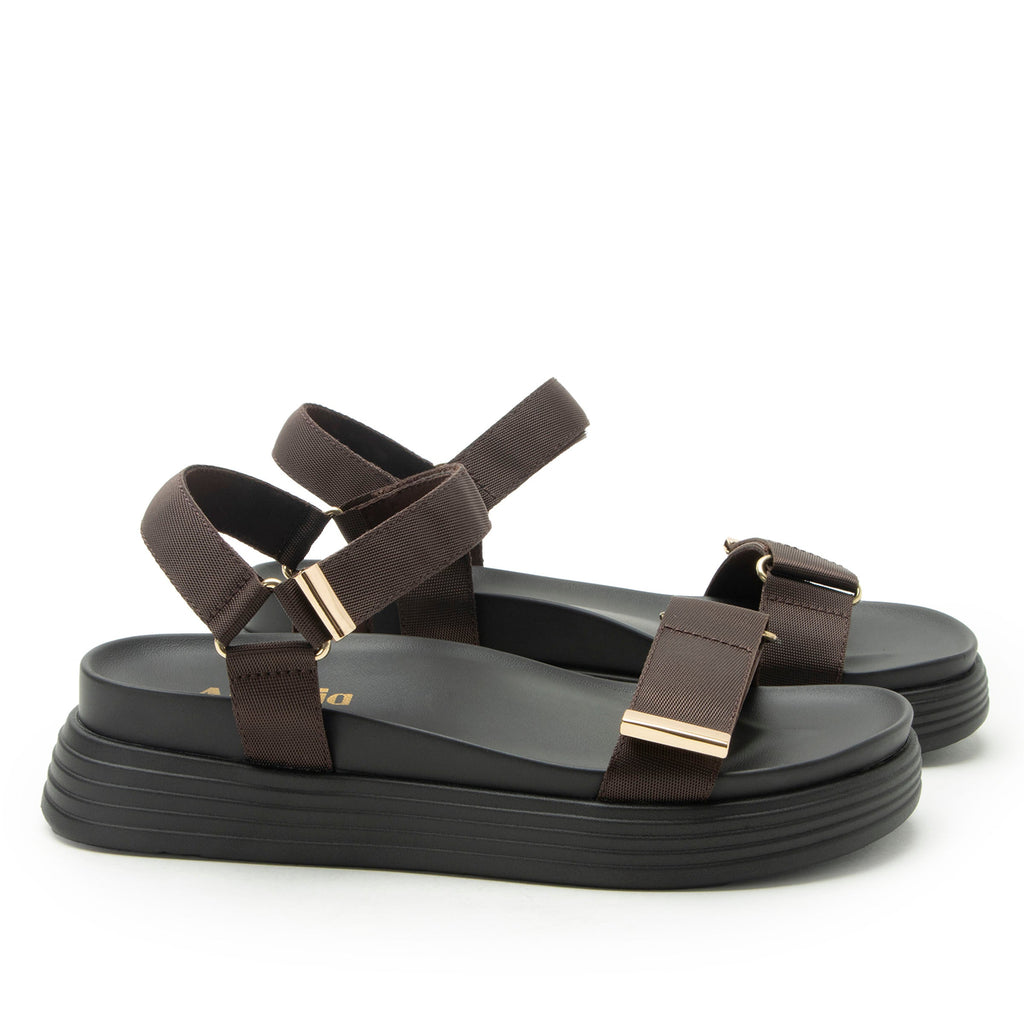 Allyson Chocolate sandal on an Elevated sport outsole | Brown strappy sandal.