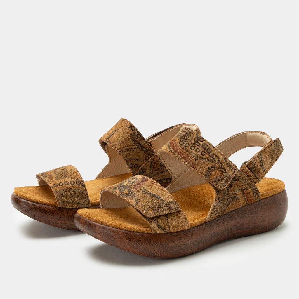 Bailee Folkie sandal| Printed brown suede leather sandal on a non-flexing rocker outsole.