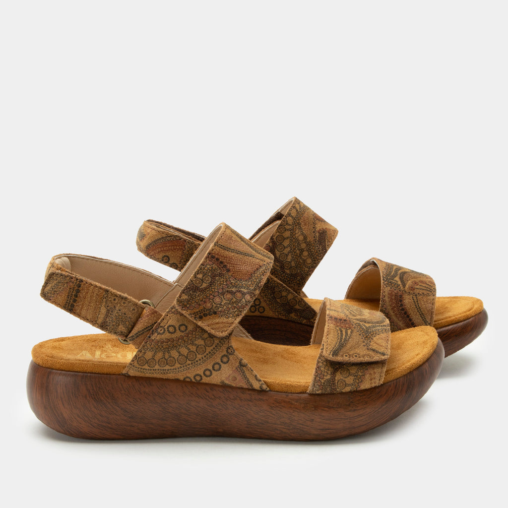 Bailee Folkie sandal| Printed brown suede leather sandal on a non-flexing rocker outsole.