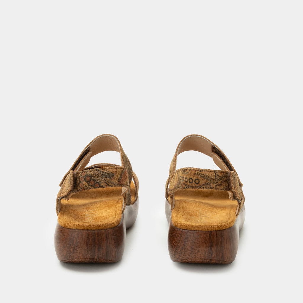 Bailee Folkie sandal| Printed brown suede leather sandal on a non-flexing rocker outsole.