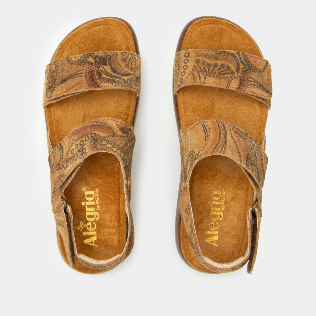 Bailee Folkie sandal| Printed brown suede leather sandal on a non-flexing rocker outsole.