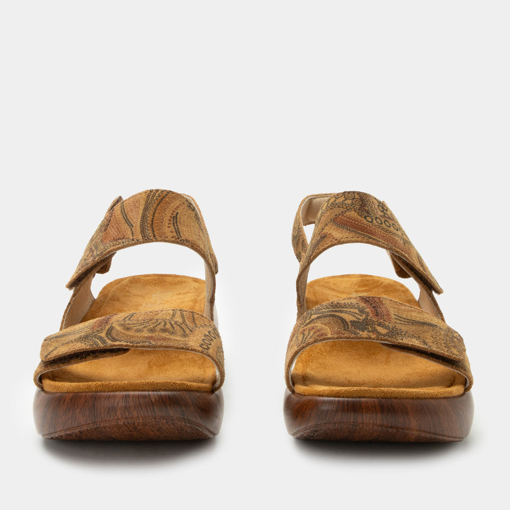 Bailee Folkie sandal| Printed brown suede leather sandal on a non-flexing rocker outsole.