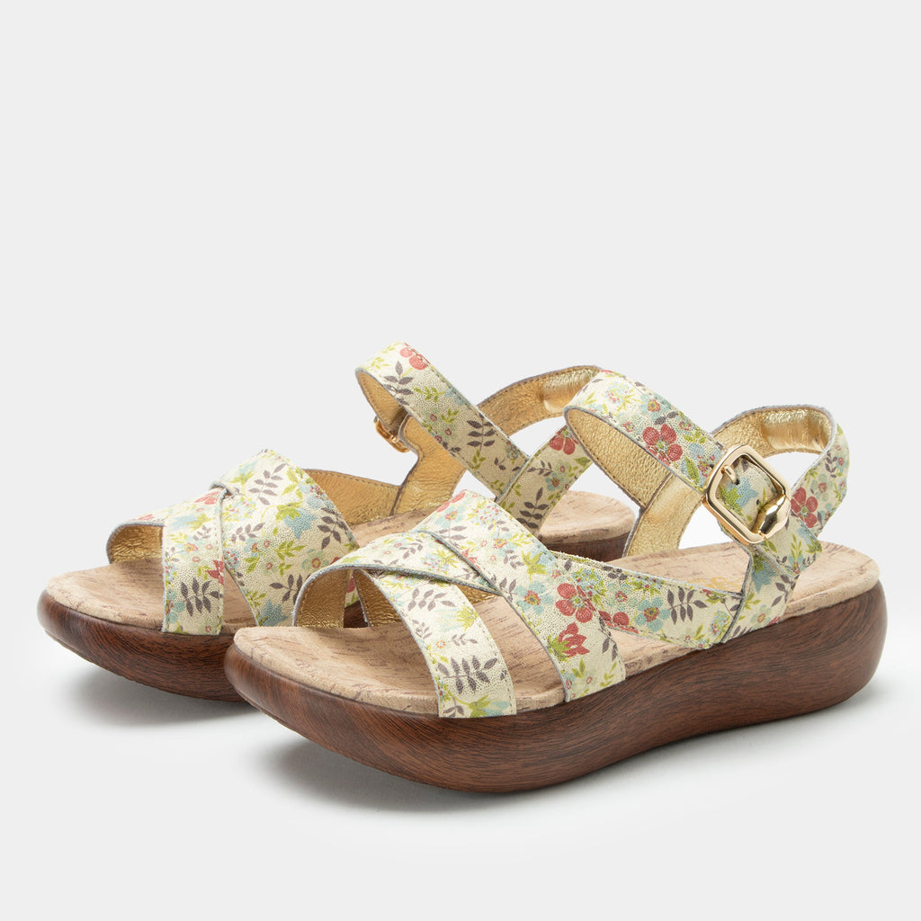 Bianca Good As Gold sandal| Tan floral printed leather sandal on a non-flexing rocker outsole.