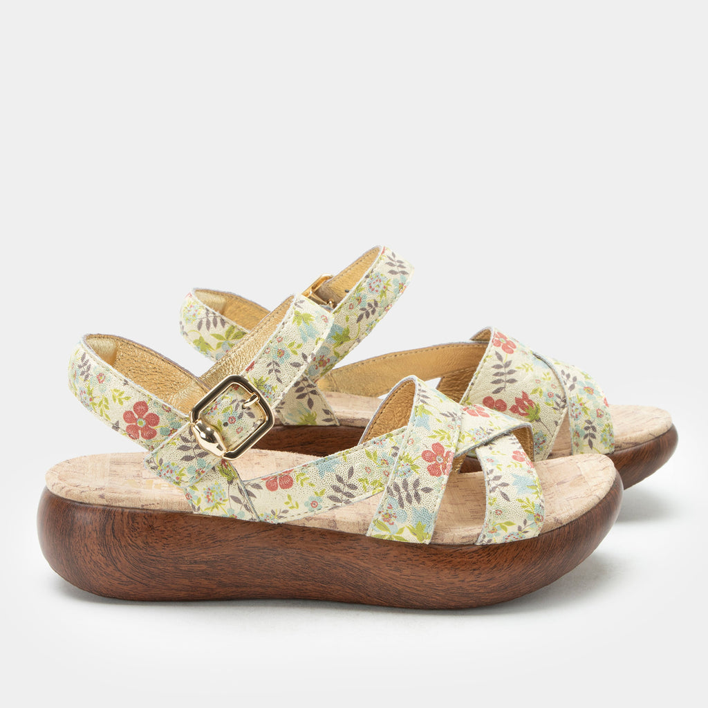 Bianca Good As Gold sandal| Tan floral printed leather sandal on a non-flexing rocker outsole.