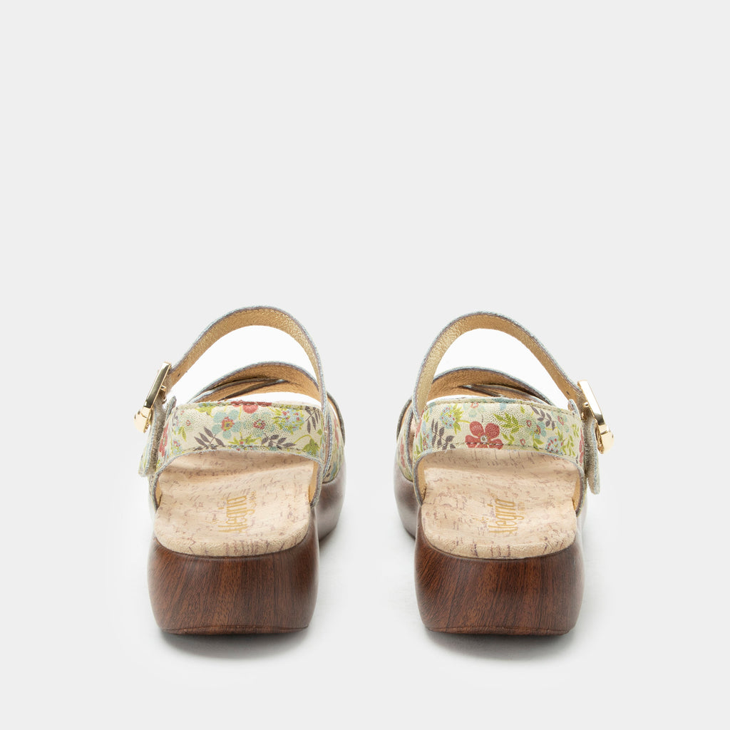 Bianca Good As Gold sandal| Tan floral printed leather sandal on a non-flexing rocker outsole.