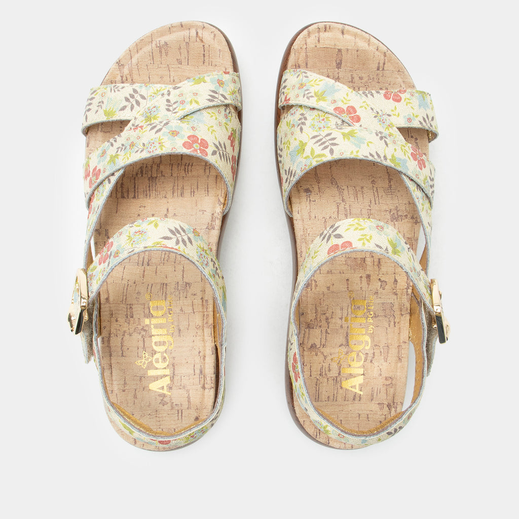 Bianca Good As Gold sandal| Tan floral printed leather sandal on a non-flexing rocker outsole.