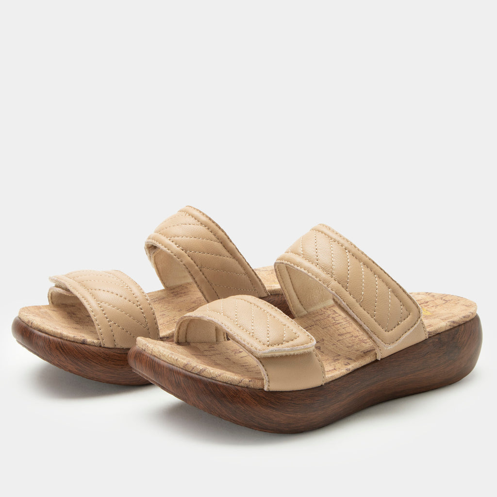 Brayah Latte adjustable sandal with non-flexing sleek rocker bottom with built in arch support