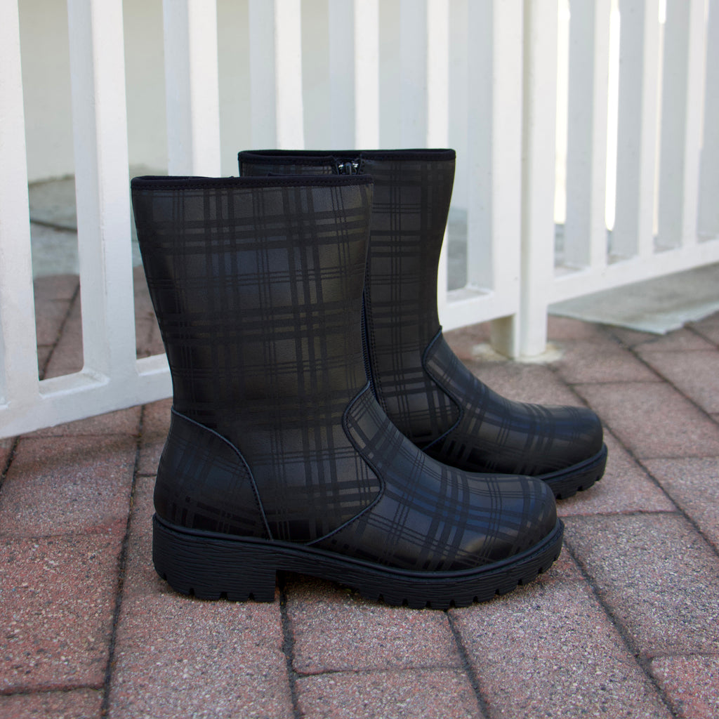 Chalet Plaid To Meet You Boot on a Luxe lug outsole | Black Plaid calf boot with a nubuck leather upper.