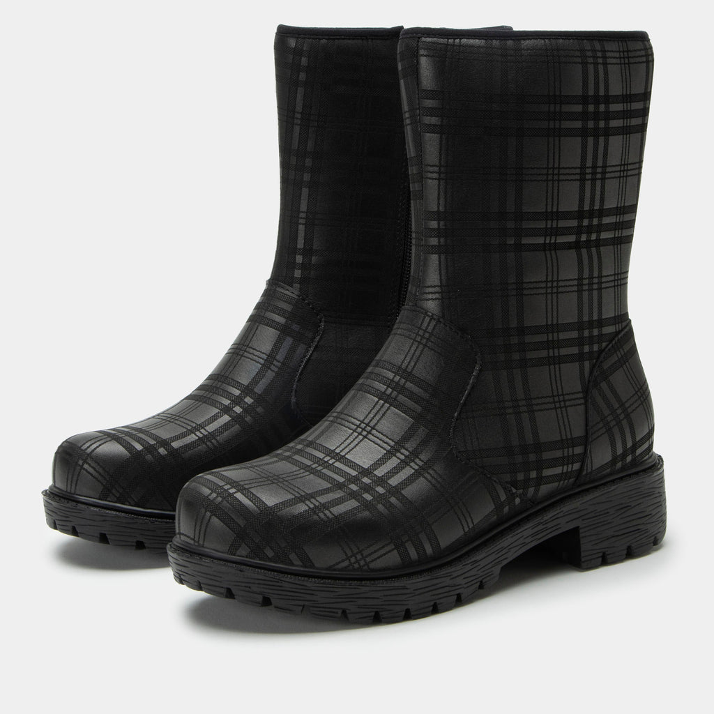 Chalet Plaid To Meet You Boot on a Luxe lug outsole | Black Plaid calf boot with a nubuck leather upper.