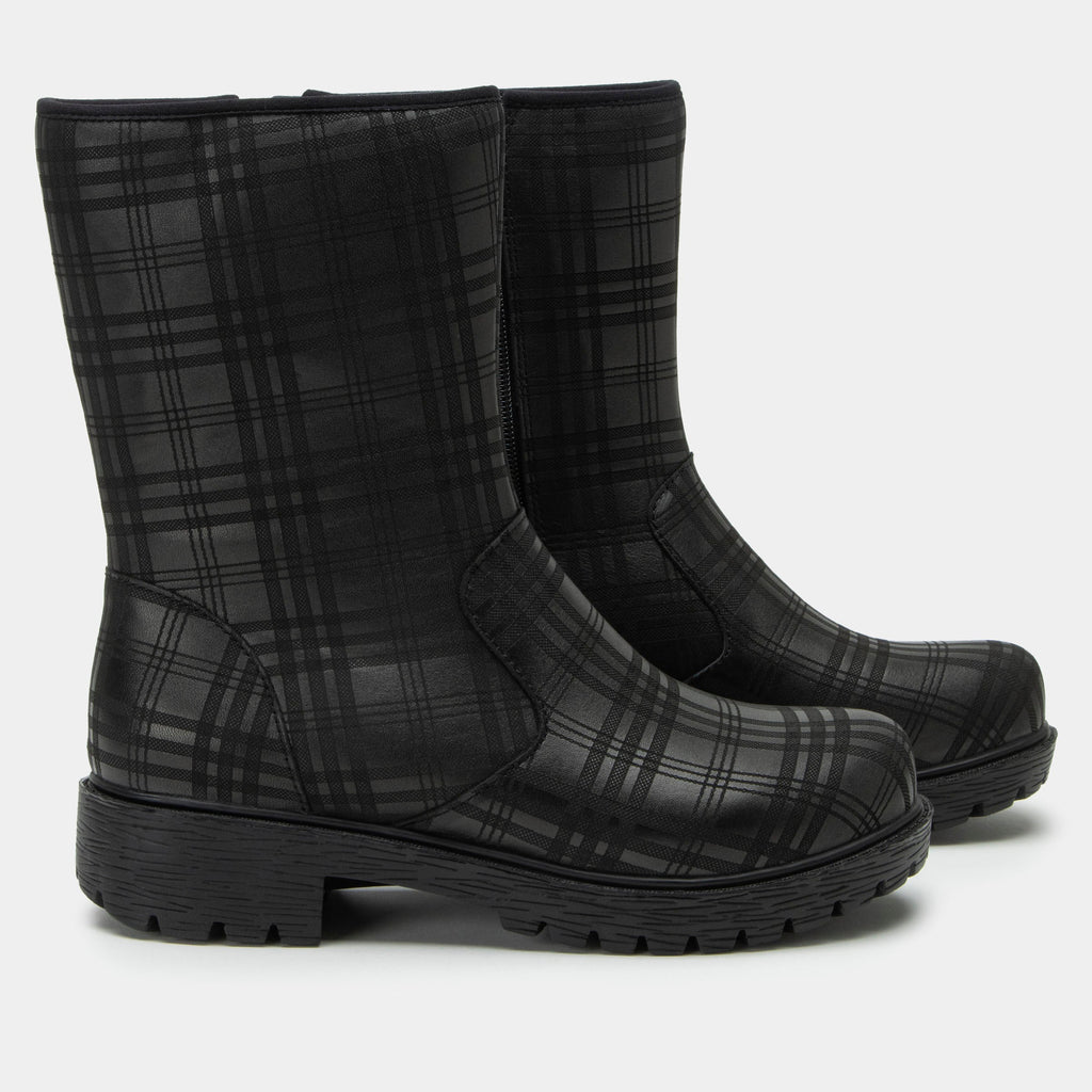 Chalet Plaid To Meet You Boot on a Luxe lug outsole | Black Plaid calf boot with a nubuck leather upper.