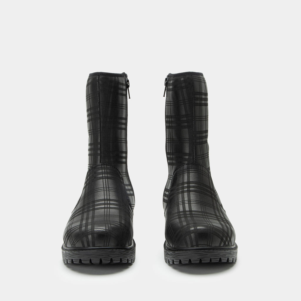 Chalet Plaid To Meet You Boot on a Luxe lug outsole | Black Plaid calf boot with a nubuck leather upper.