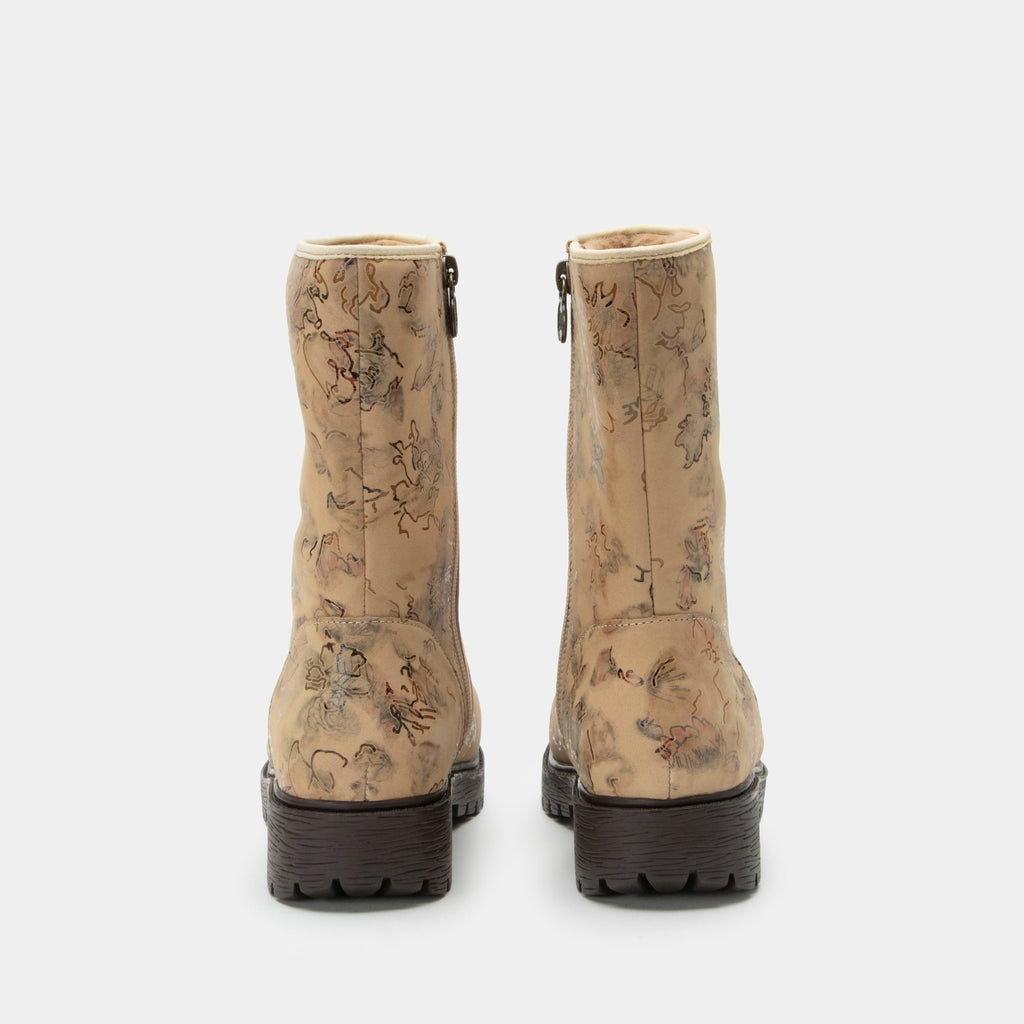 Chalet Desert Flora Boot on a Luxe lug outsole | Tan floral calf boot with a nubuck leather upper.