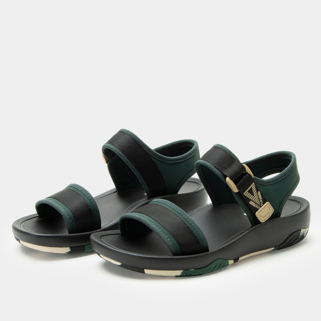 Crea8tion Khaki sandal on a Ergo Foam outsole | Black with green and tan details- multi strap sandal with a hook-and-loop clousure.