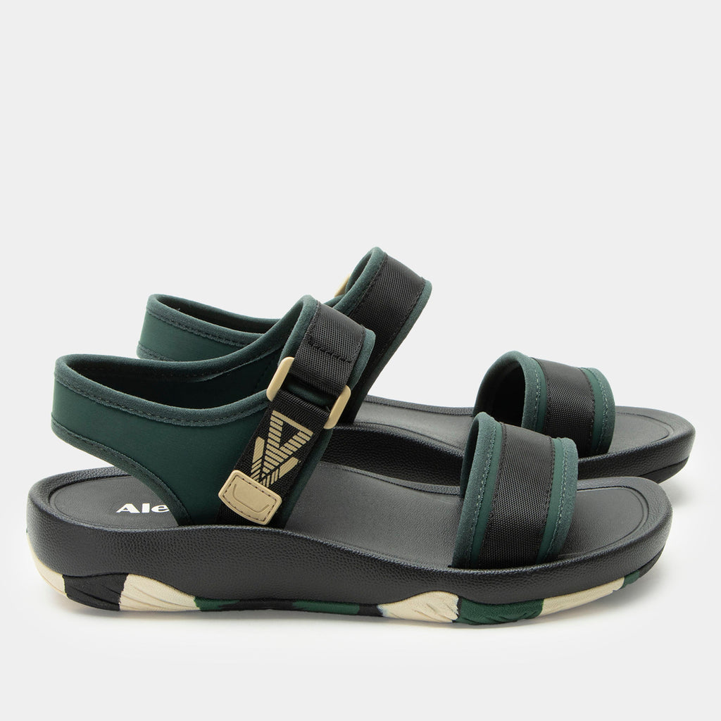 Crea8tion Khaki sandal on a Ergo Foam outsole | Black with green and tan details- multi strap sandal with a hook-and-loop clousure.