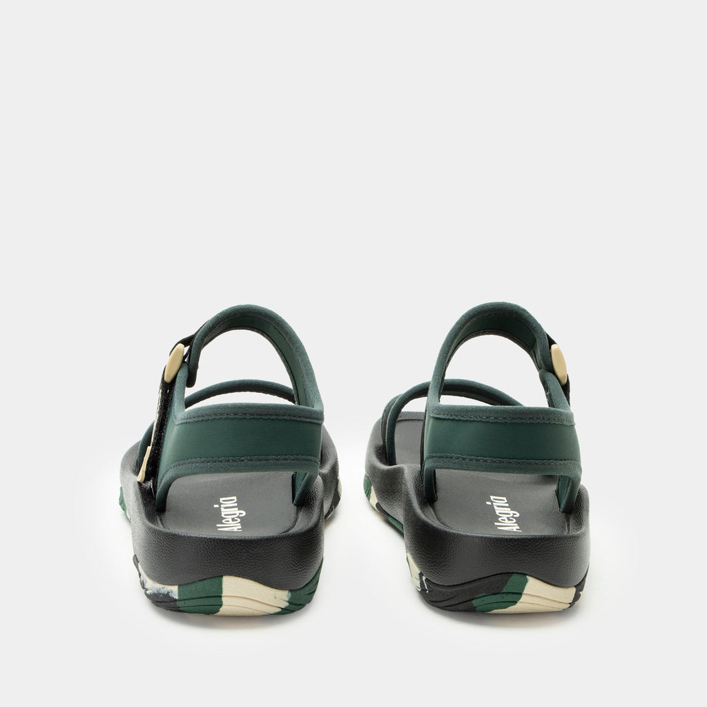 Crea8tion Khaki sandal on a Ergo Foam outsole | Black with green and tan details- multi strap sandal with a hook-and-loop clousure.