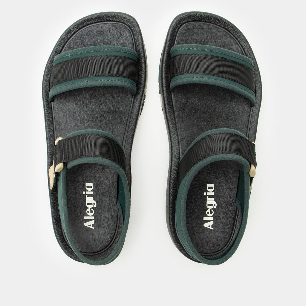 Crea8tion Khaki sandal on a Ergo Foam outsole | Black with green and tan details- multi strap sandal with a hook-and-loop clousure.