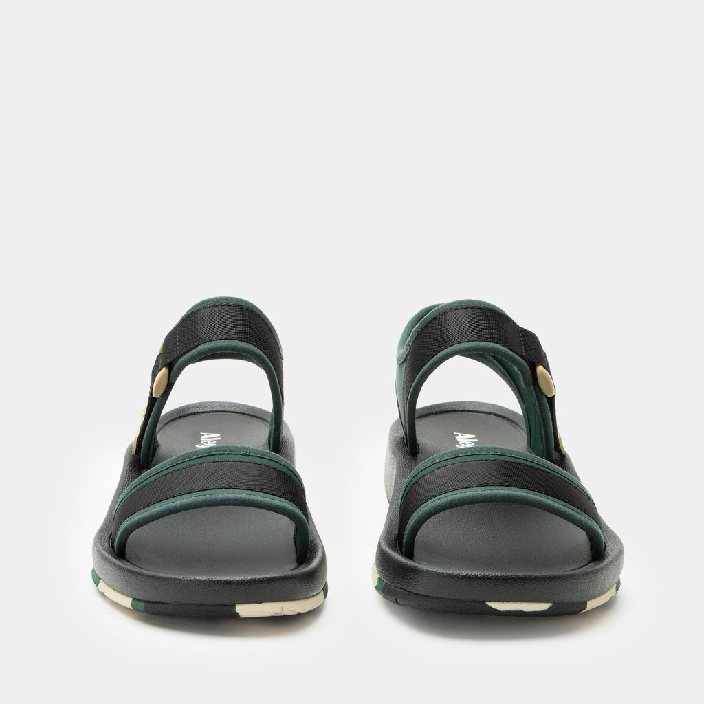 Crea8tion Khaki sandal on a Ergo Foam outsole | Black with green and tan details- multi strap sandal with a hook-and-loop clousure.