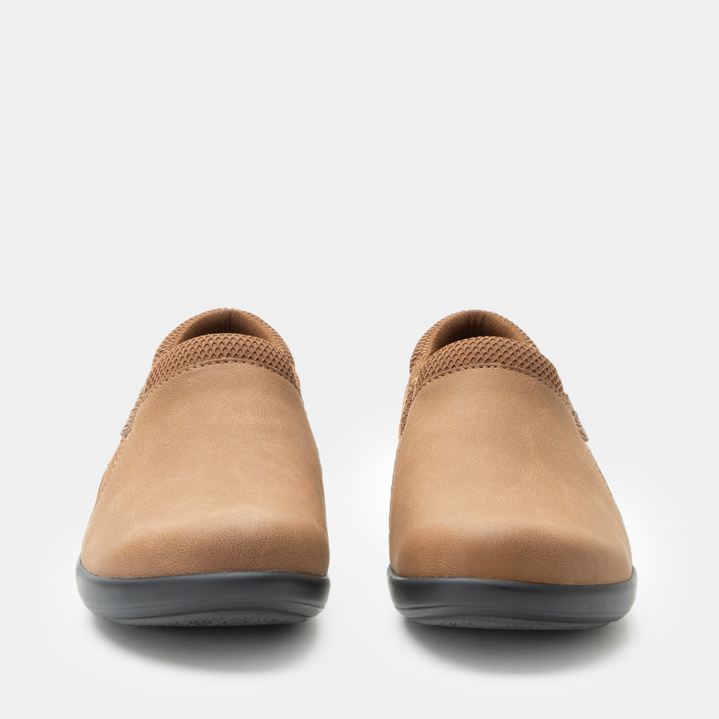 Duette Washed Cognac sport rocker shoe on a lightweight responsive polyurethane outsole | A brown vegan leather slip on shoe with textile lining.