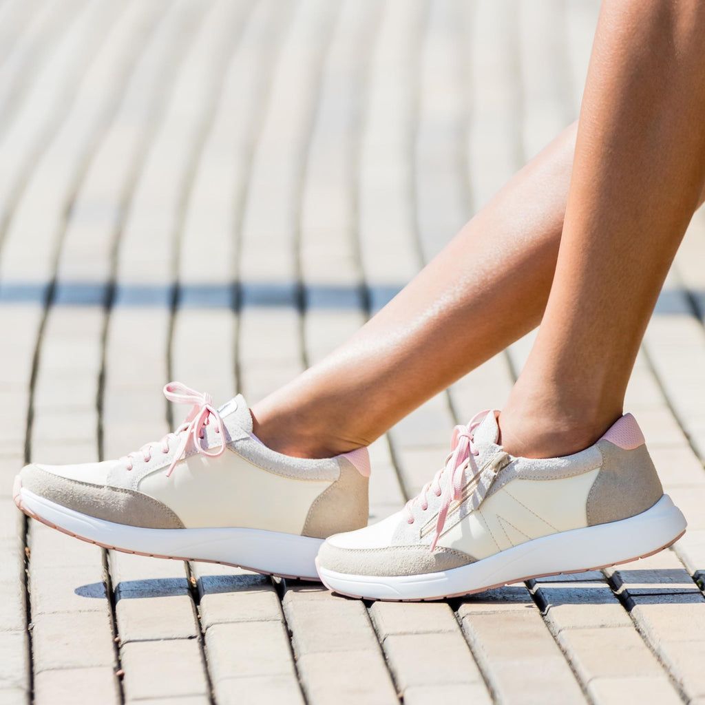 Eazeer Pink Sorbet shoe on a Power Walker outsole | Tan lace up shoe with pink details and a side zipper.