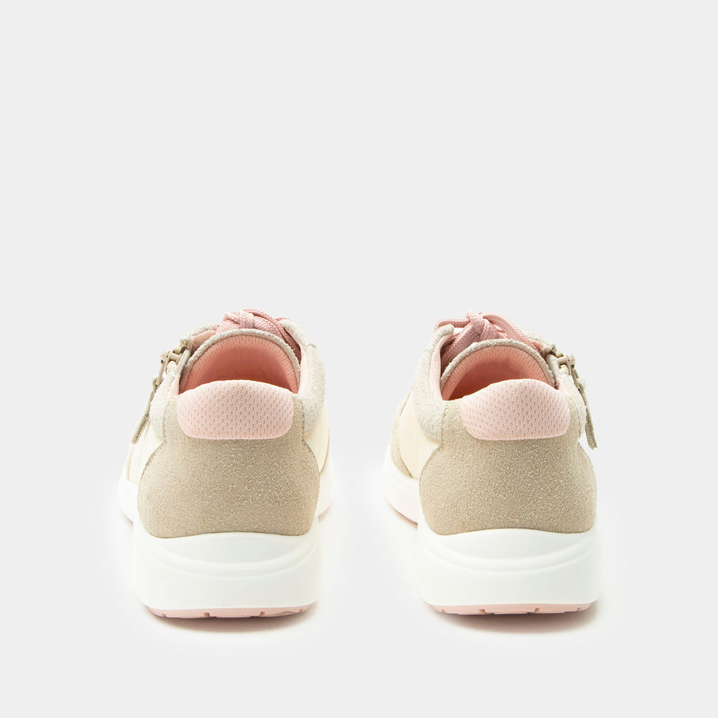 Eazeer Pink Sorbet shoe on a Power Walker outsole | Tan lace up shoe with pink details and a side zipper.