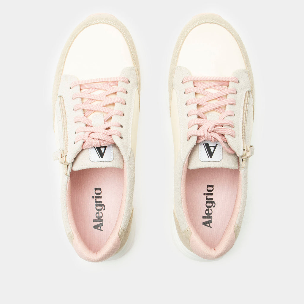 Eazeer Pink Sorbet shoe on a Power Walker outsole | Tan lace up shoe with pink details and a side zipper.