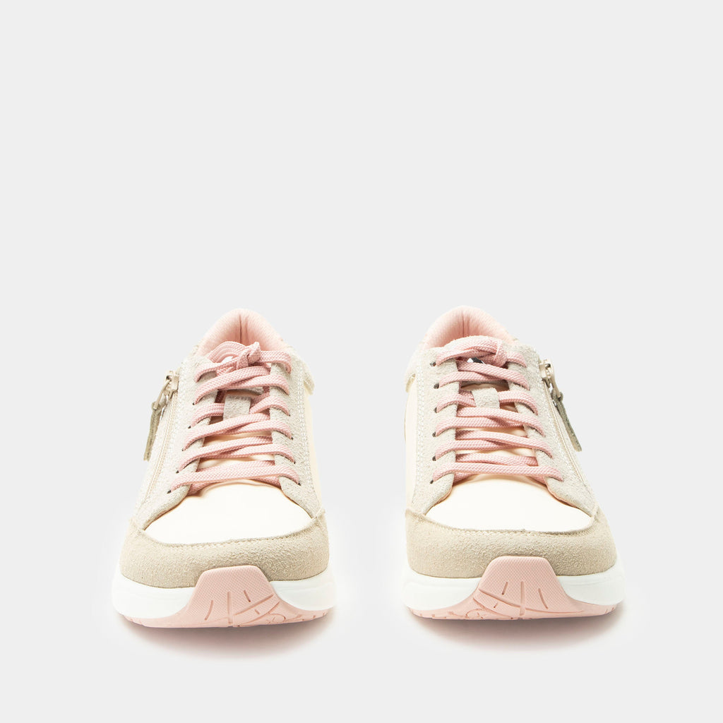 Eazeer Pink Sorbet shoe on a Power Walker outsole | Tan lace up shoe with pink details and a side zipper.