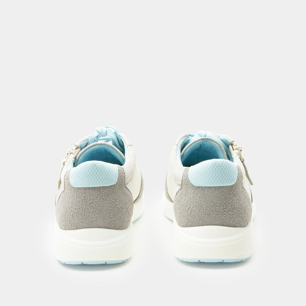 Eazeer Moonstone Blue shoe on a Power Walker outsole | White lace up shoe with grey and blue details with a side zipper.