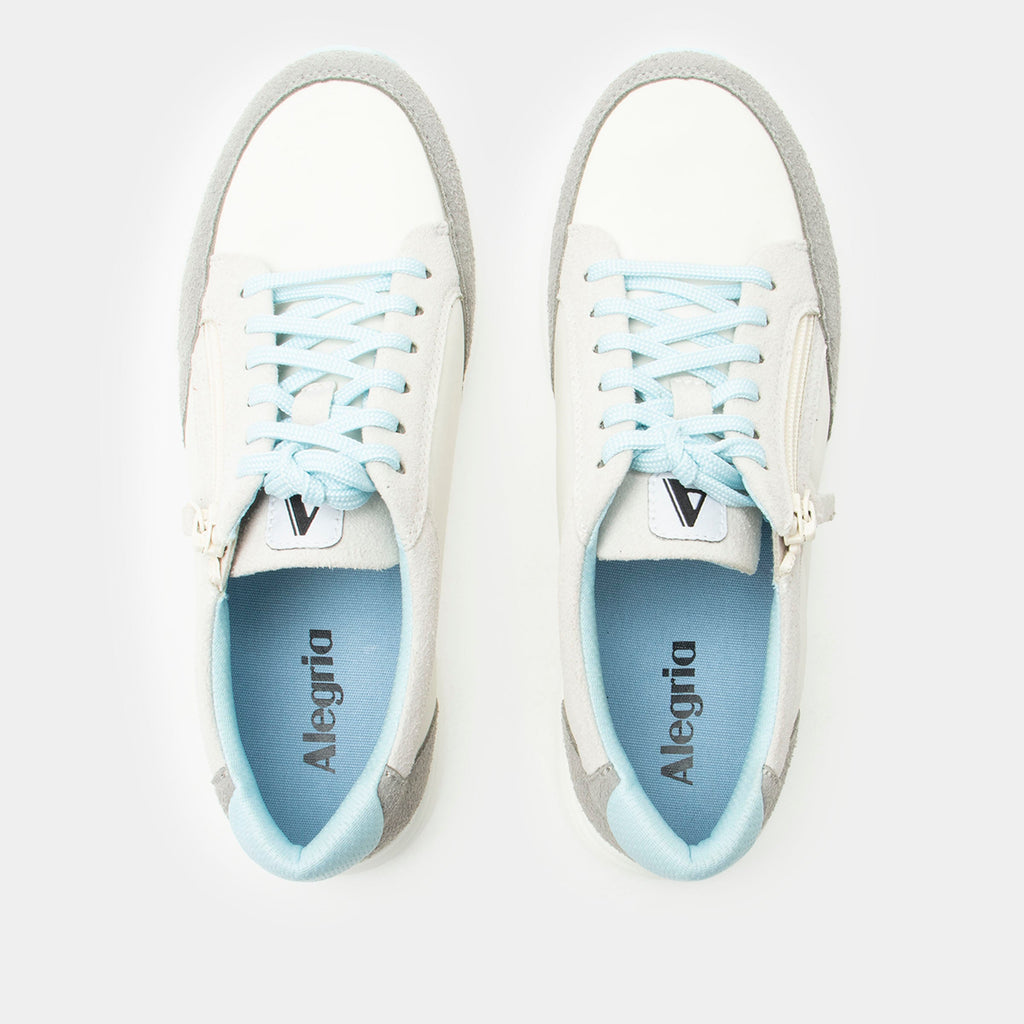 Eazeer Moonstone Blue shoe on a Power Walker outsole | White lace up shoe with grey and blue details with a side zipper.