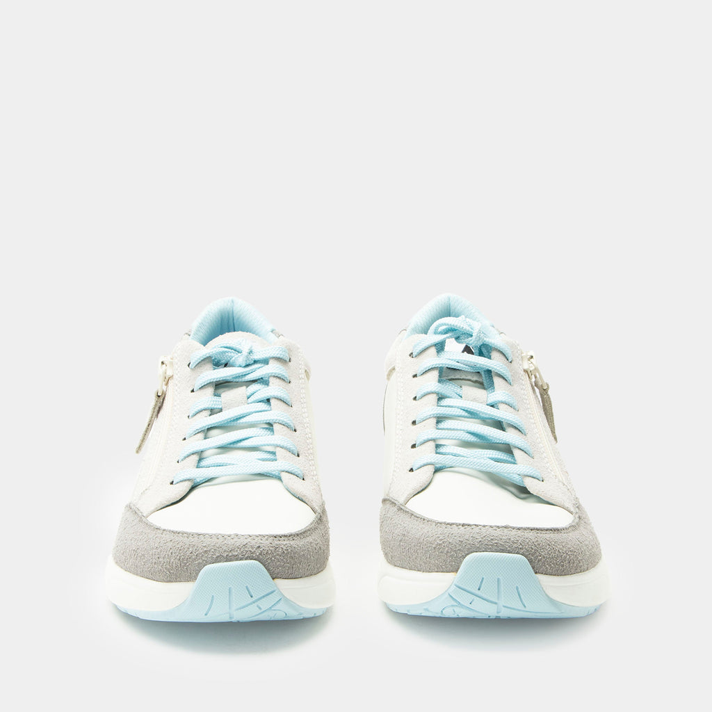 Eazeer Moonstone Blue shoe on a Power Walker outsole | White lace up shoe with grey and blue details with a side zipper.