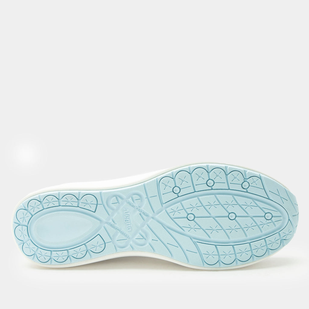 Eazeer Moonstone Blue shoe on a Power Walker outsole | White lace up shoe with grey and blue details with a side zipper.