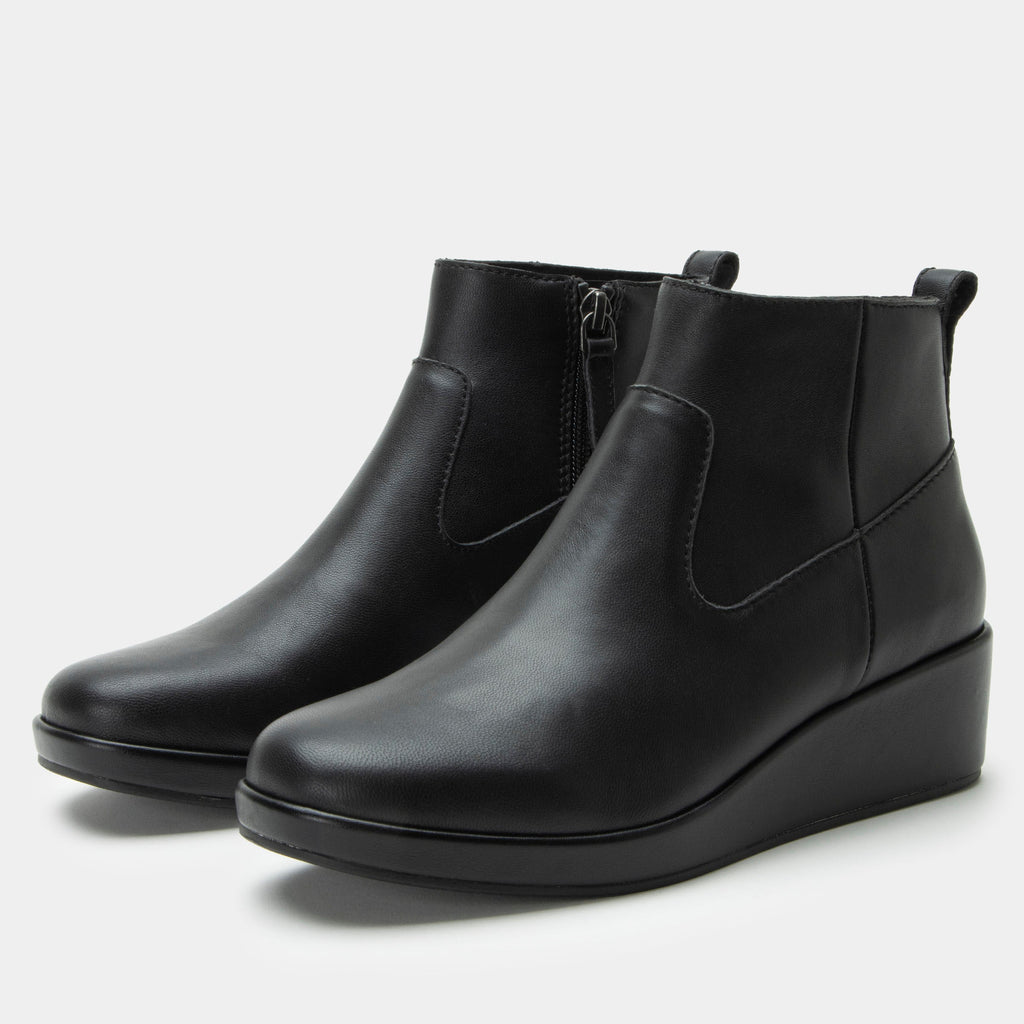 Hadi Black Boot on a Trimform wedge outsole | Black leather ankle bootie on a wedge heel.