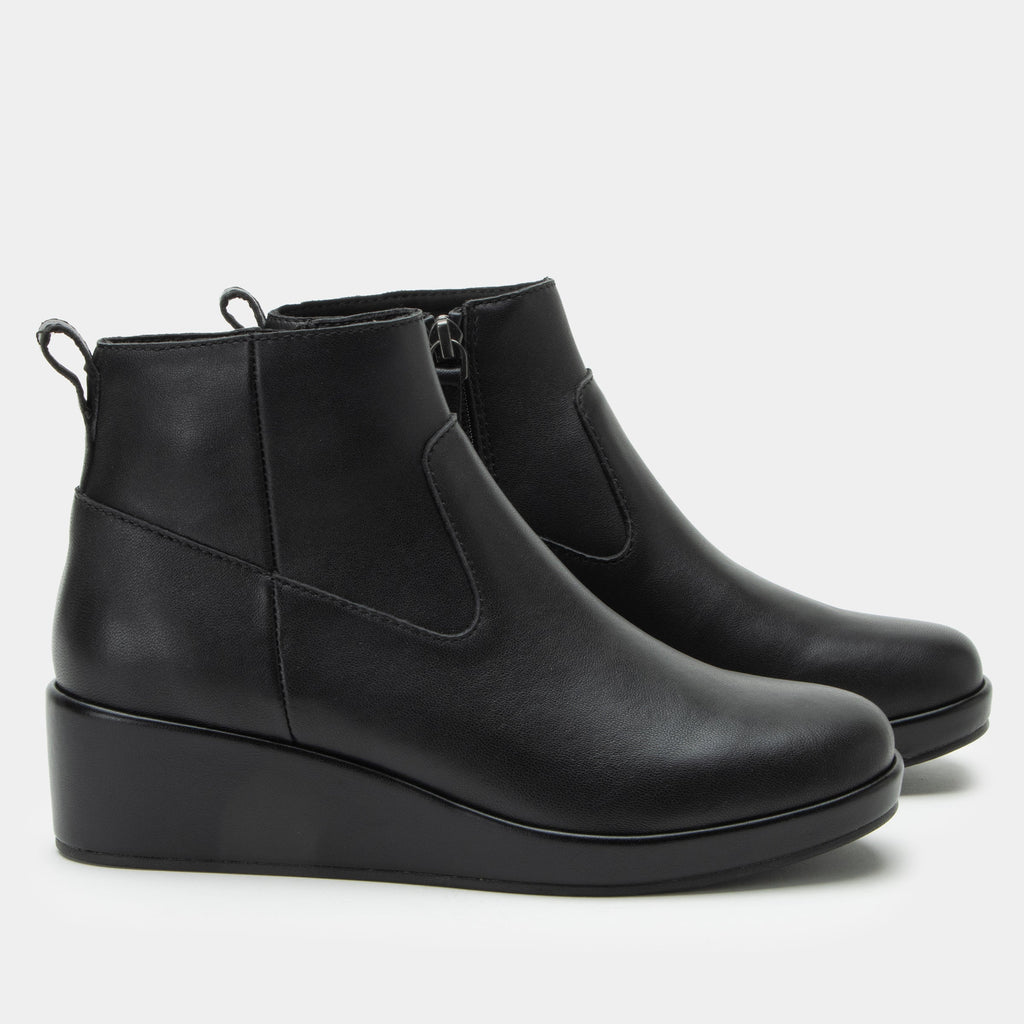 Hadi Black Boot on a Trimform wedge outsole | Black leather ankle bootie on a wedge heel