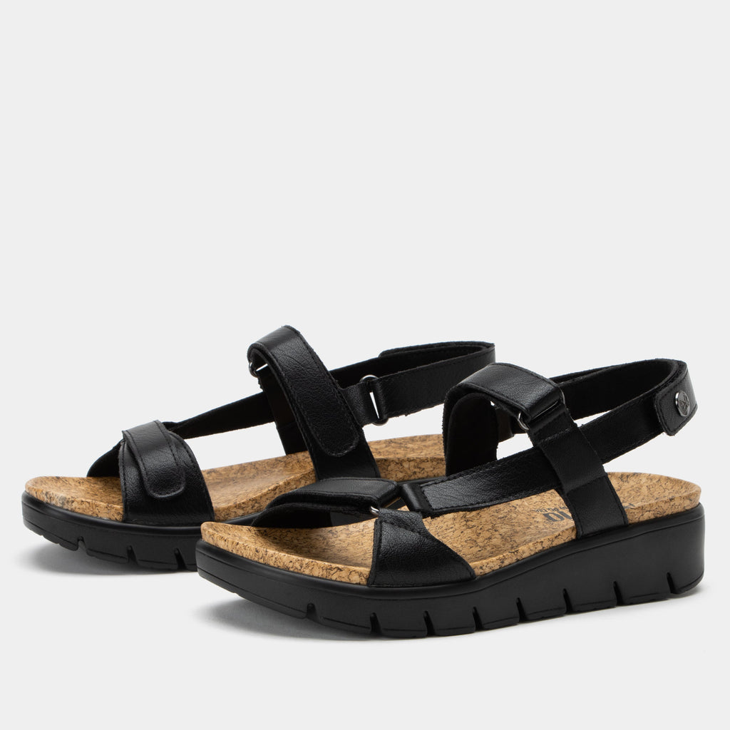 Henna Black strappy sandal on heritage outsole with cork printed footbed- HEN-601_S1
