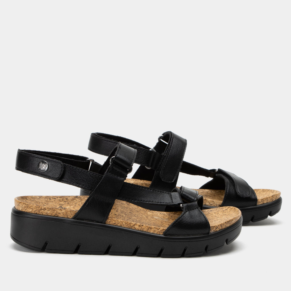 Henna Black strappy sandal on heritage outsole with cork printed footbed- HEN-601_S2