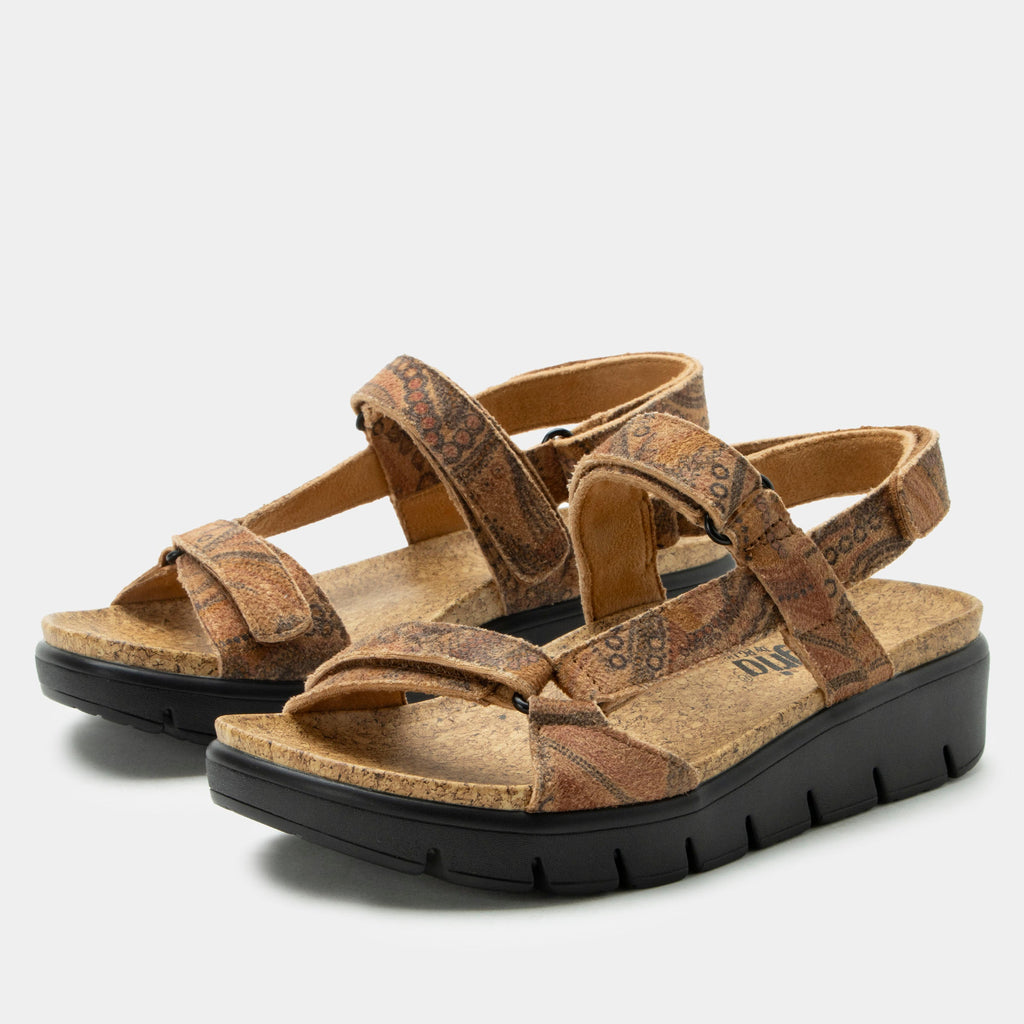 Henna Folkie sandal on a heritage outsole | Brown printed strappy sandal.