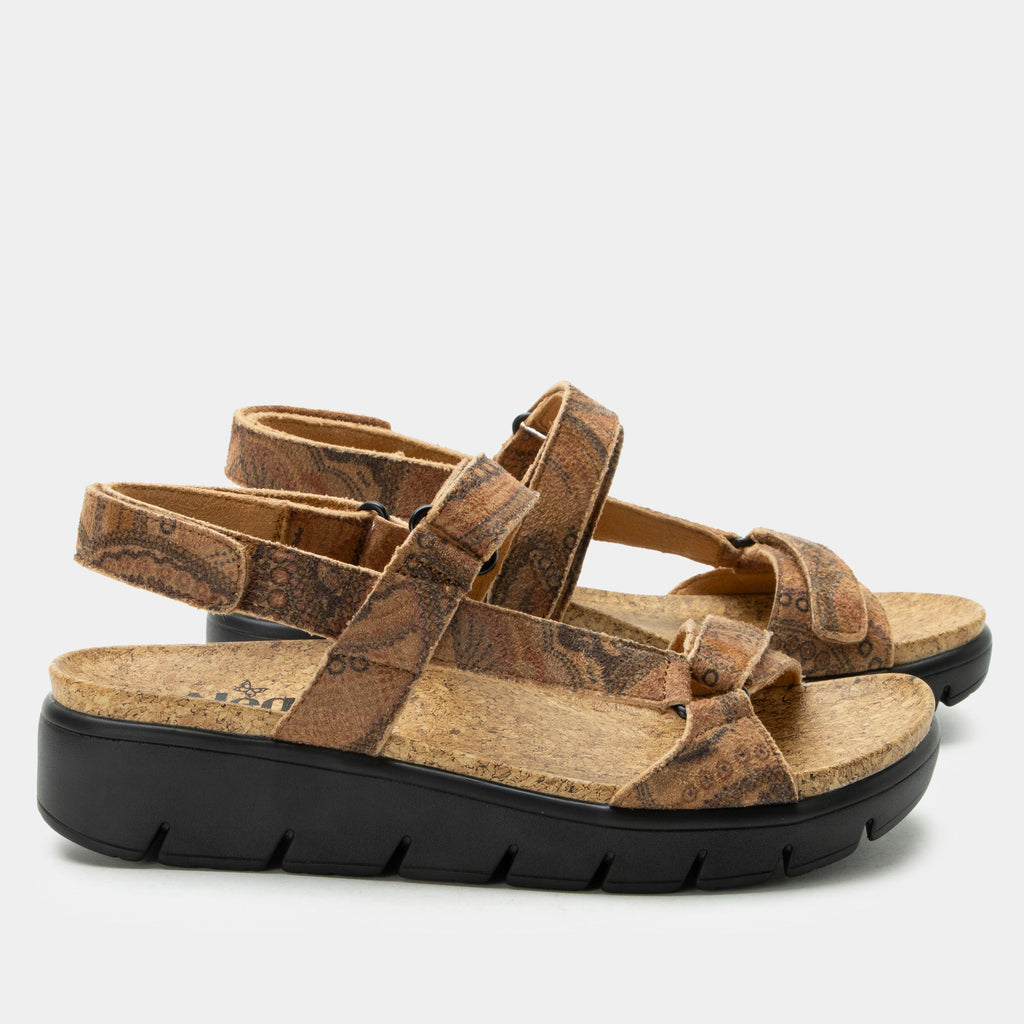 Henna Folkie sandal on a heritage outsole | Brown printed strappy sandal.