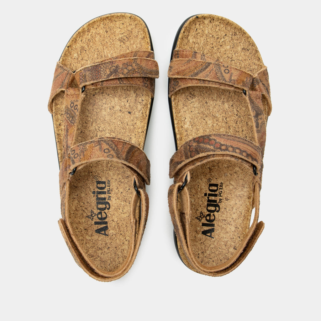 Henna Folkie sandal on a heritage outsole | Brown printed strappy sandal.