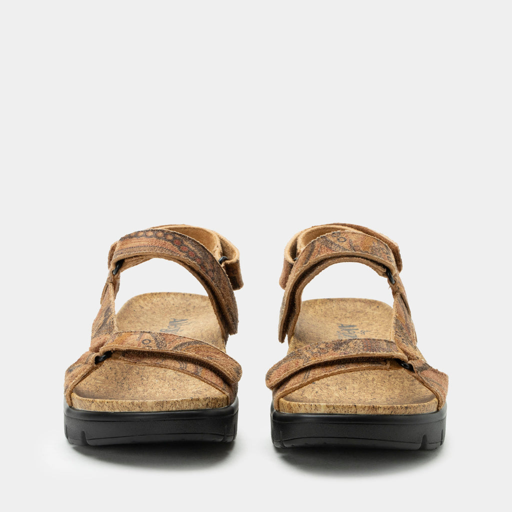 Henna Folkie sandal on a heritage outsole | Brown printed strappy sandal.